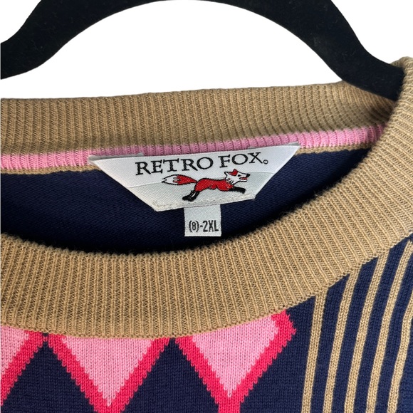 Vintage Retro Fox Argyle Sweater pink & blue 2 XL - Picture 6 of 7